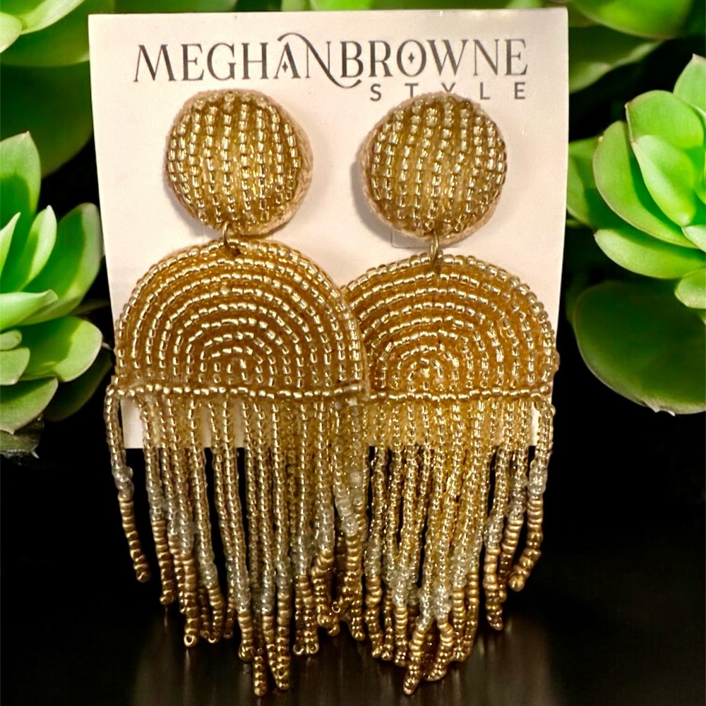 Meghan Browne Style Gold Beaded Chandelier Tassel Earrings NEW
